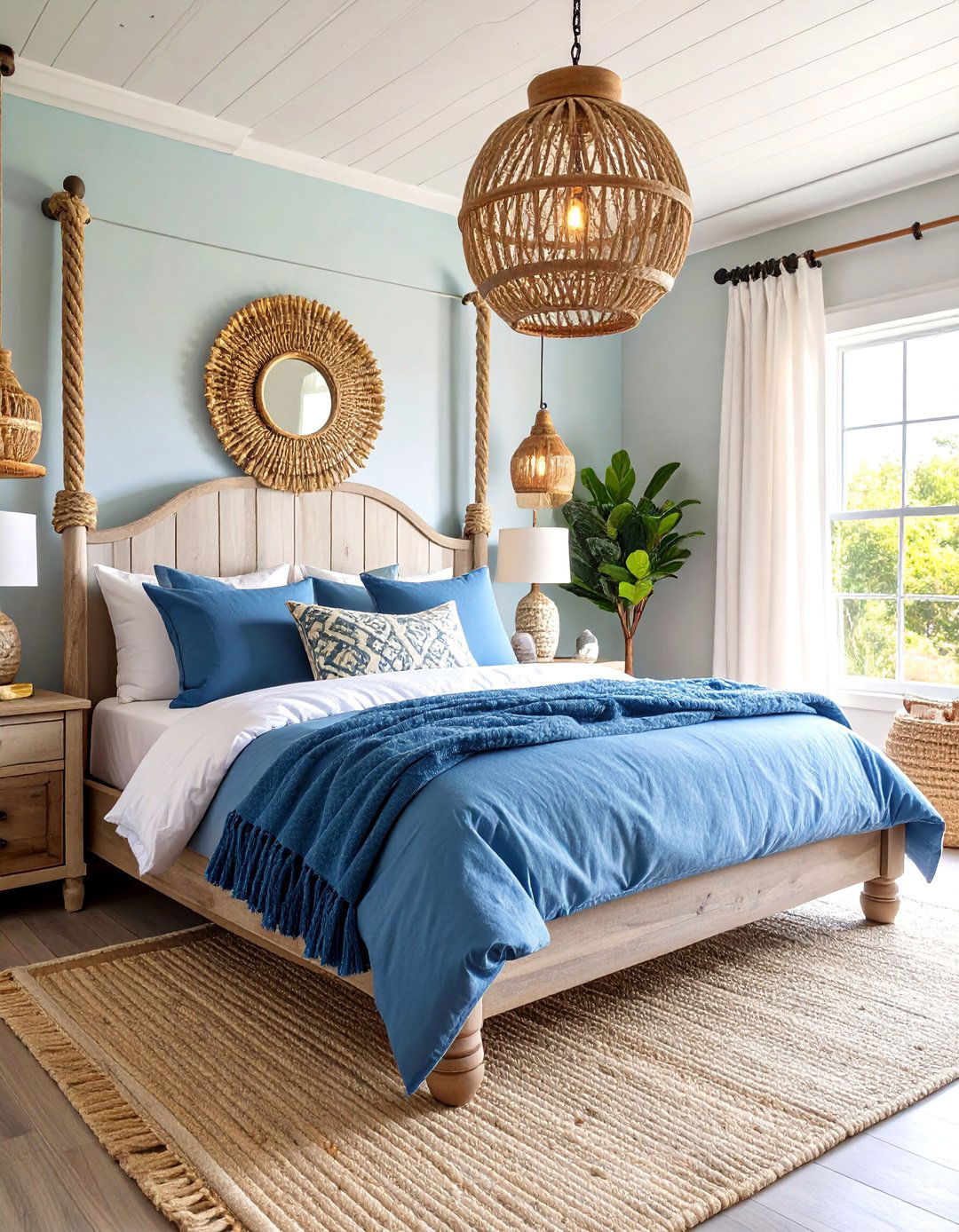 Farmhouse Bedroom with Rope and Nautical Details - 25 Farmhouse Bedroom Ideas