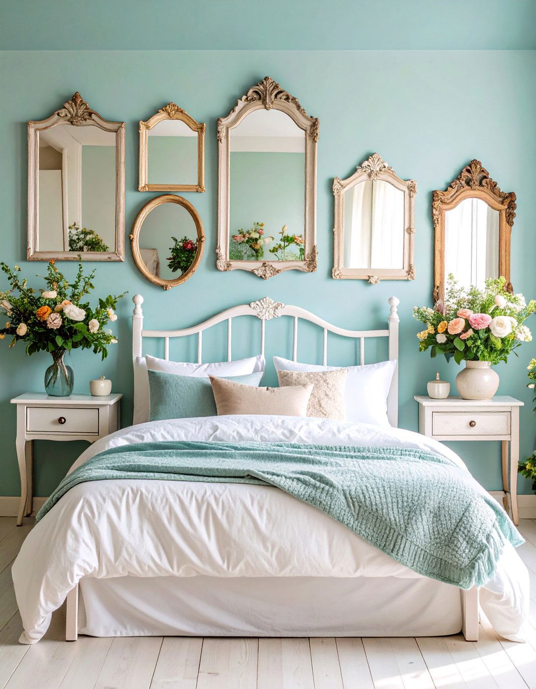 Farmhouse Bedroom with Vintage Mirror Collection - 25 Farmhouse Bedroom Ideas