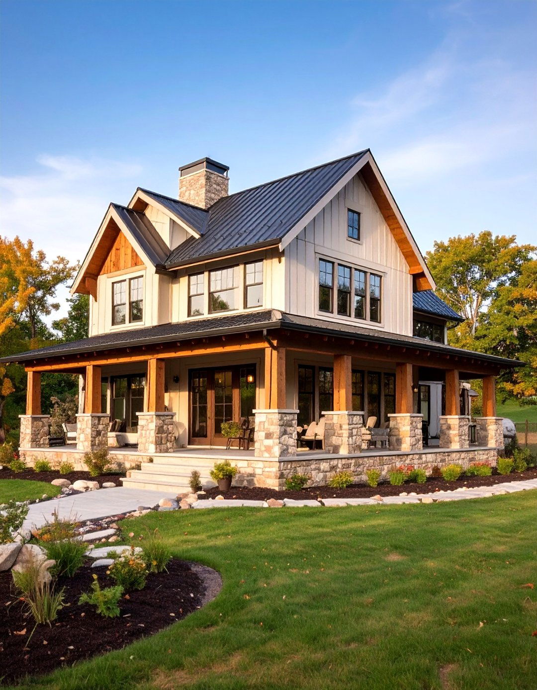 Farmhouse Beige Brick with Natural Wood Accents - 25 Beige Brick Exterior Home Ideas