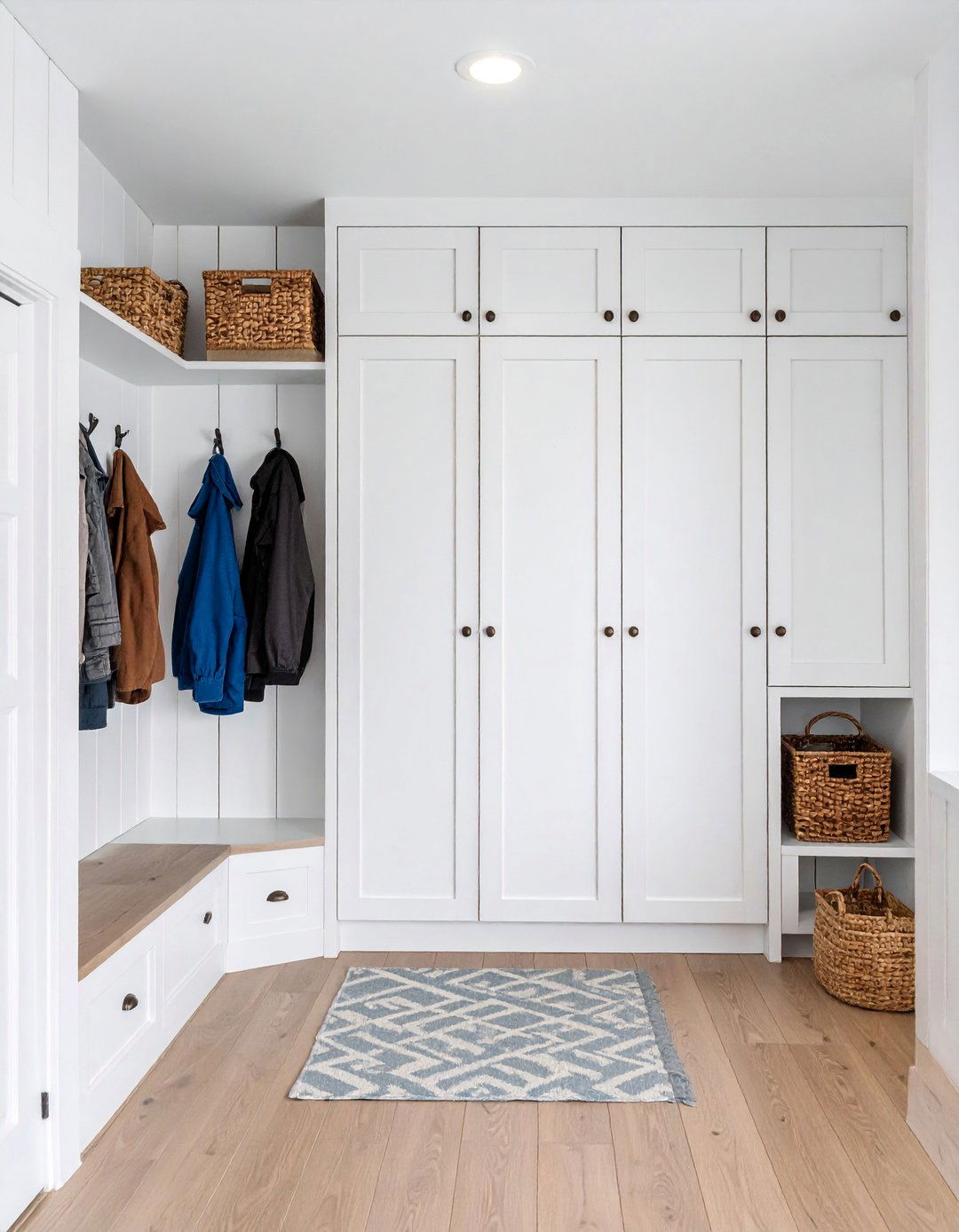 Farmhouse Black Shiplap Accent Wall with White Storage - 25 Black and White Entryway Design Ideas