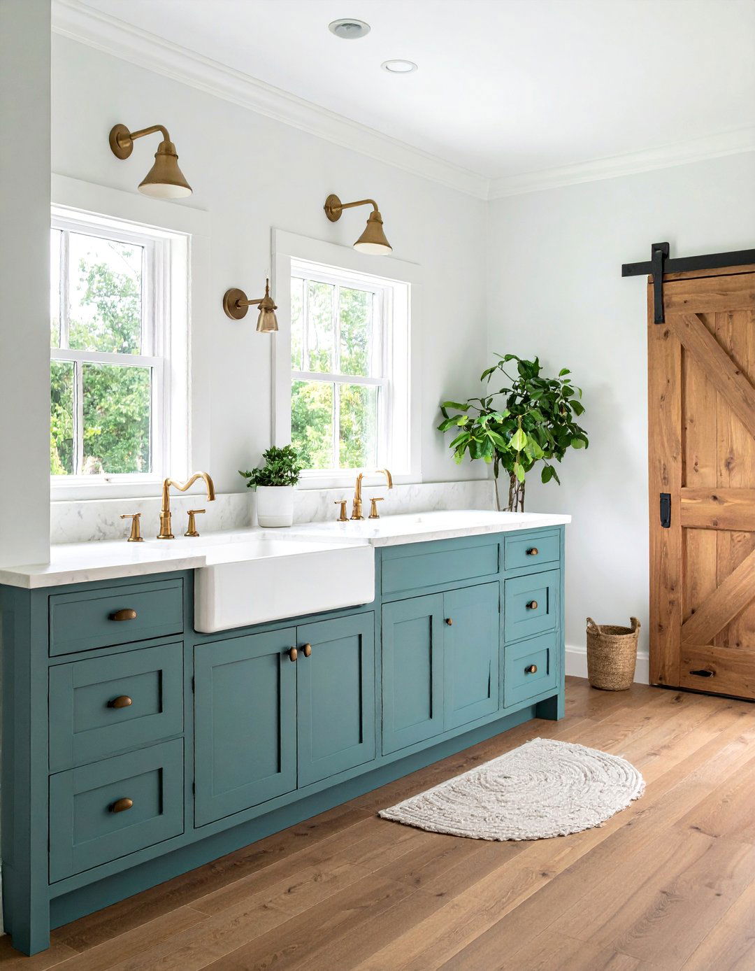 Farmhouse Blue Cabinet with Marble Counters - 25 Blue and White Bathroom Ideas