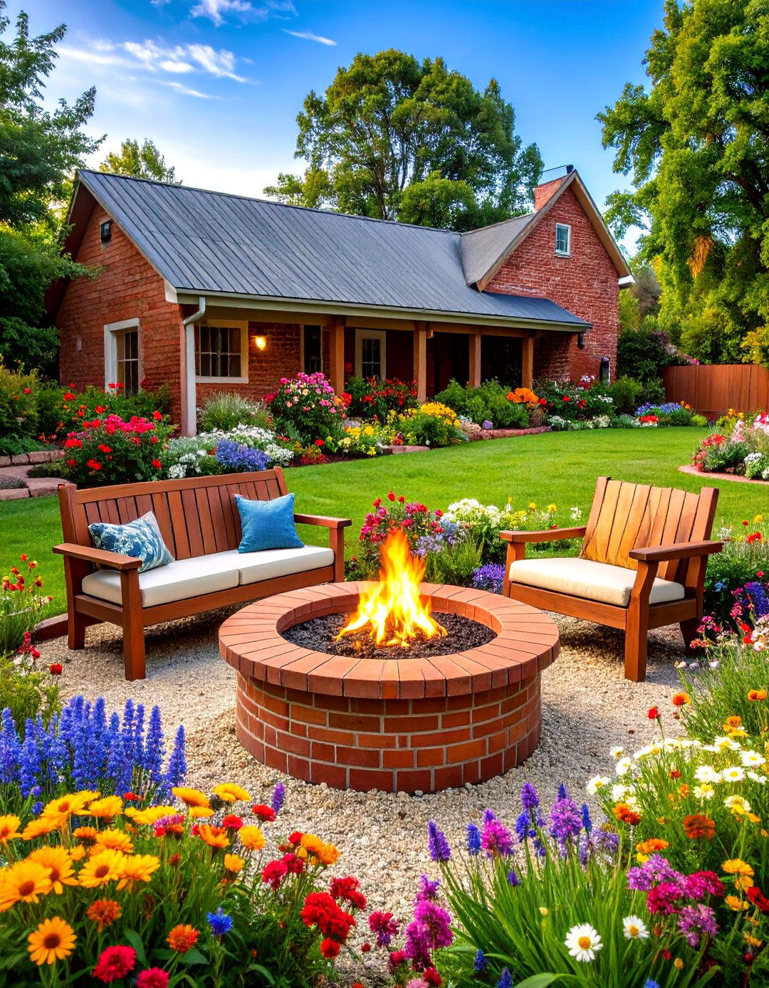 Farmhouse Brick Fire Pit with Quilted Seating and Wildflower Gardens - 25 Sunken Fire Pit Ideas