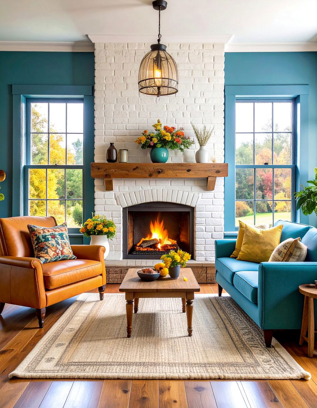 Farmhouse Brick Fireplace with Cottage Style Casement Windows - 25 Fireplace Between Windows Ideas