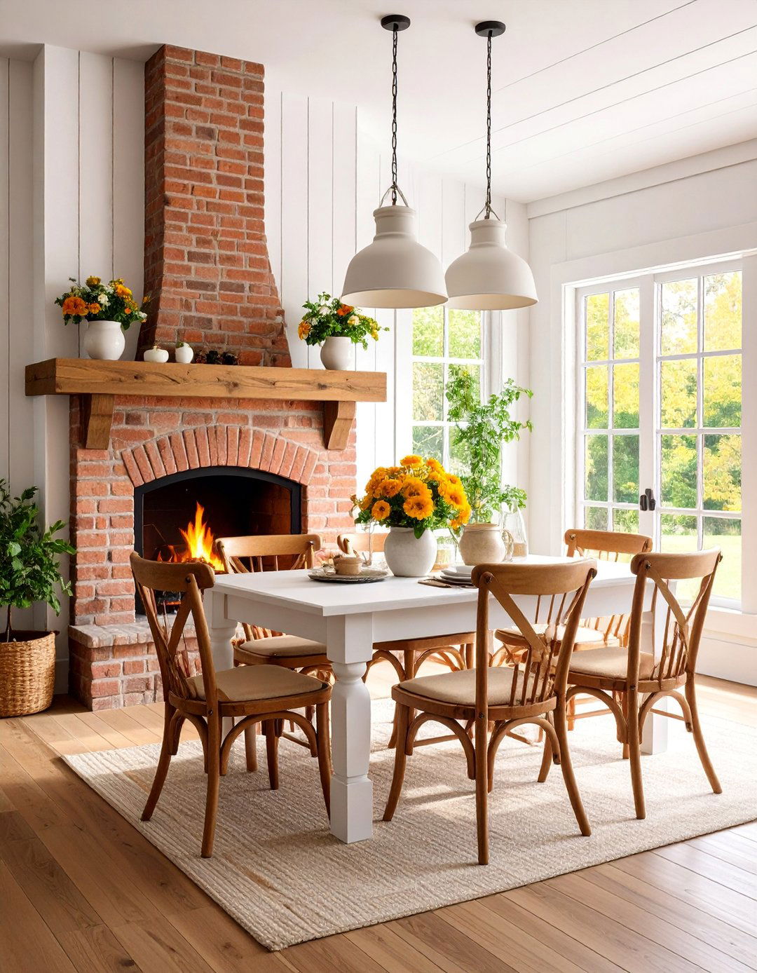 Farmhouse Brick Fireplace with Shiplap Accents - 25 Dining Room With Fireplace
