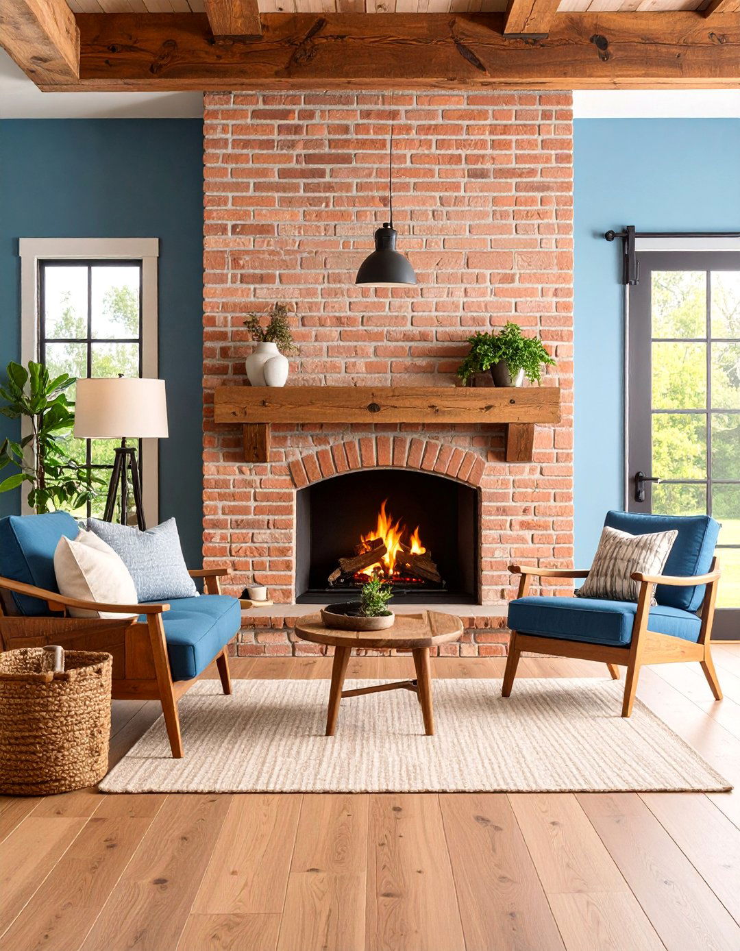 Farmhouse Brick Fireplace with Sliding Barn Door Accents - 25 Rustic Living Room With a Brick Fireplace Ideas
