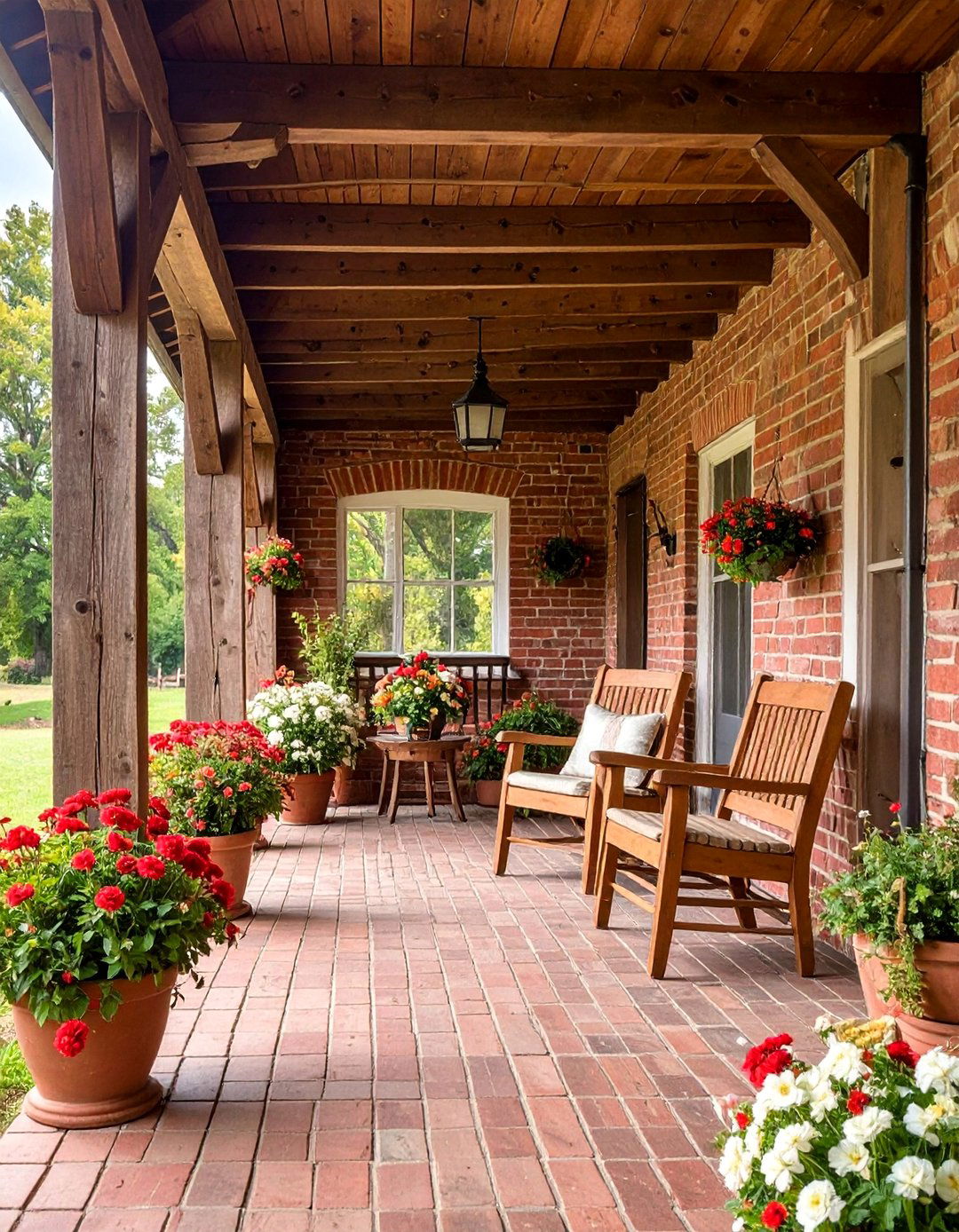 Farmhouse Brick Porch with Wooden Beams - 25 Brick Porch Ideas