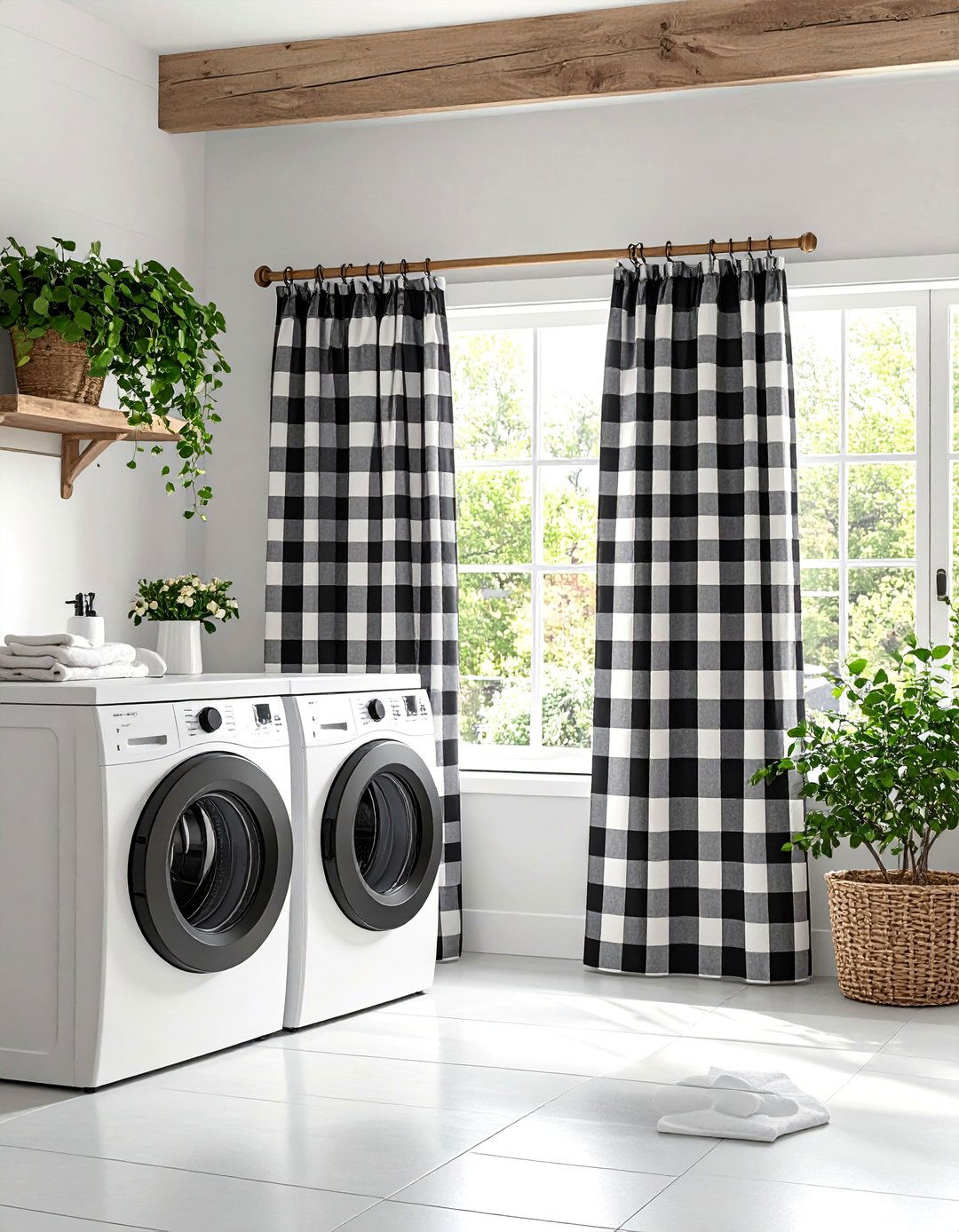 Farmhouse Buffalo Check Cafe Curtains - 25 Laundry Room Curtain Ideas