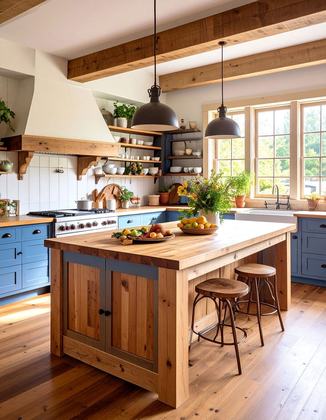 Farmhouse Butcher Block Peninsula with Open Shelving - 25 Kitchen Peninsula Ideas