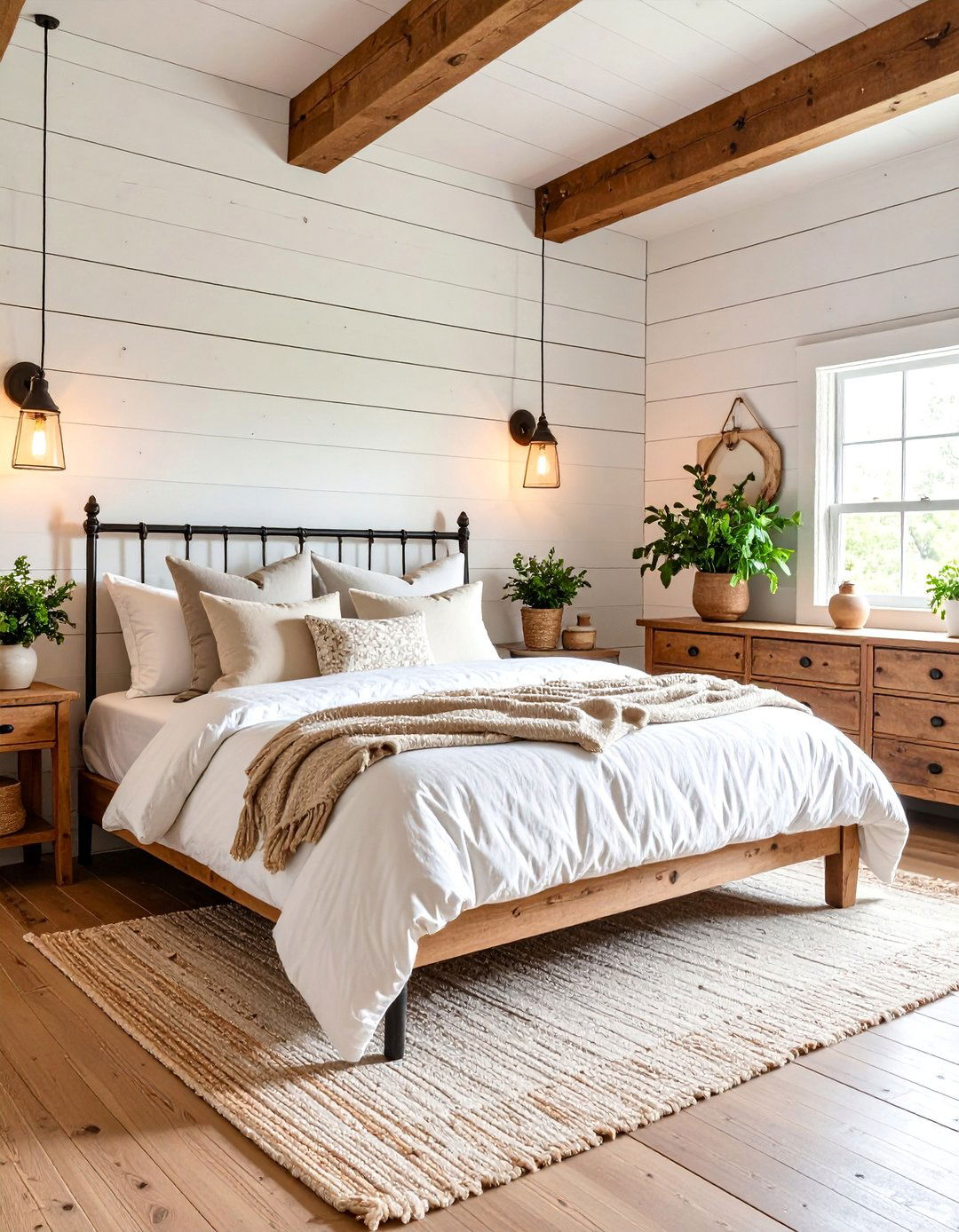 Farmhouse Cabin Bedroom with Shiplap Walls - 25 Cabin Bedroom Ideas