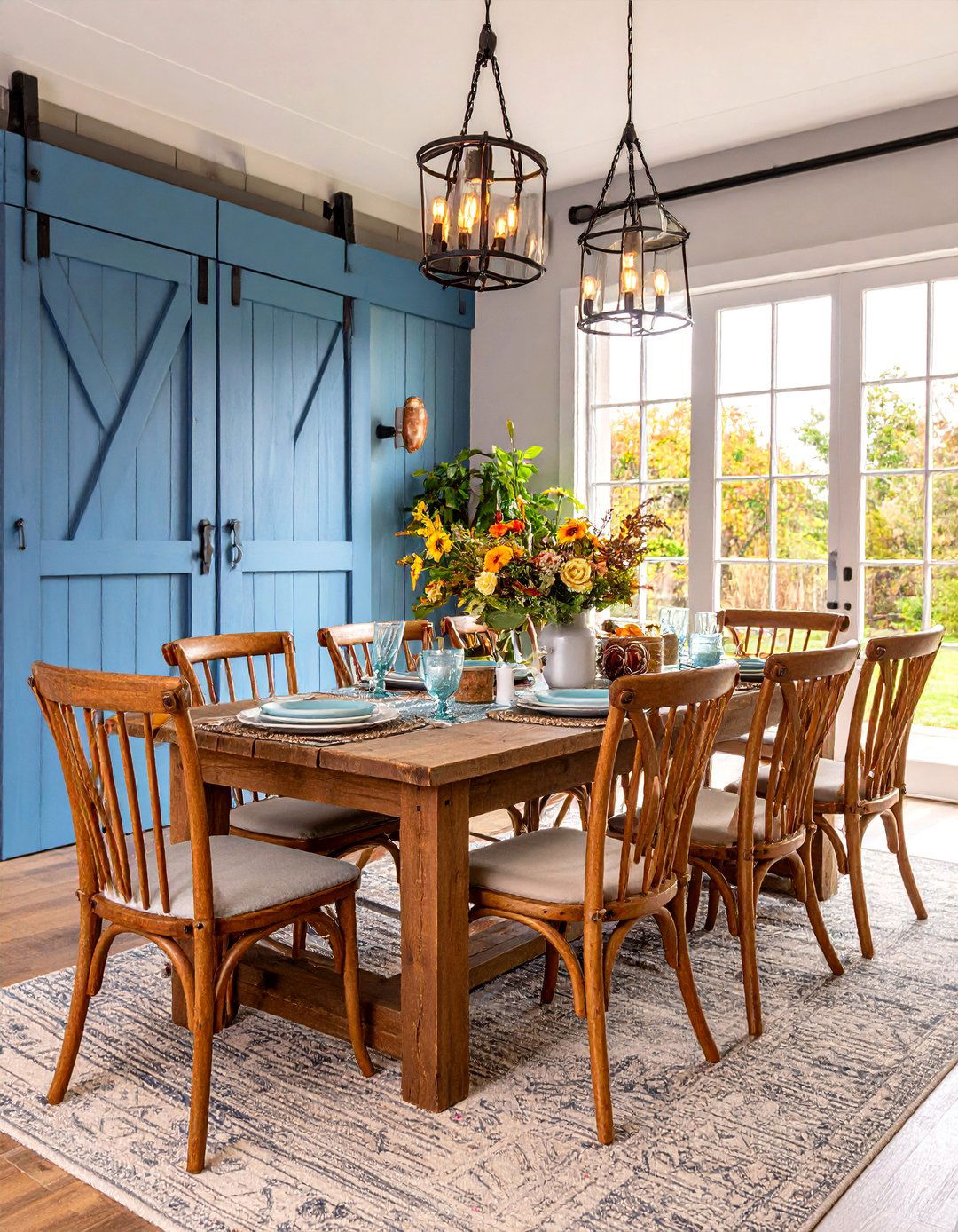 Farmhouse Casual Dining Room with Sliding Barn Doors - 25 Casual Dining Room Ideas