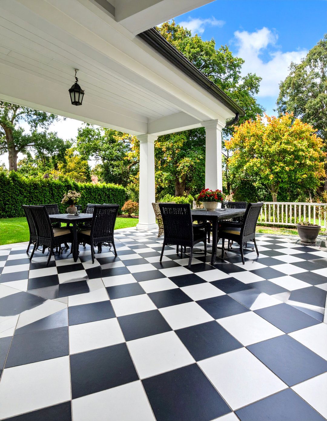 Farmhouse Checkerboard Classic - 25 Painted Concrete Patio Ideas