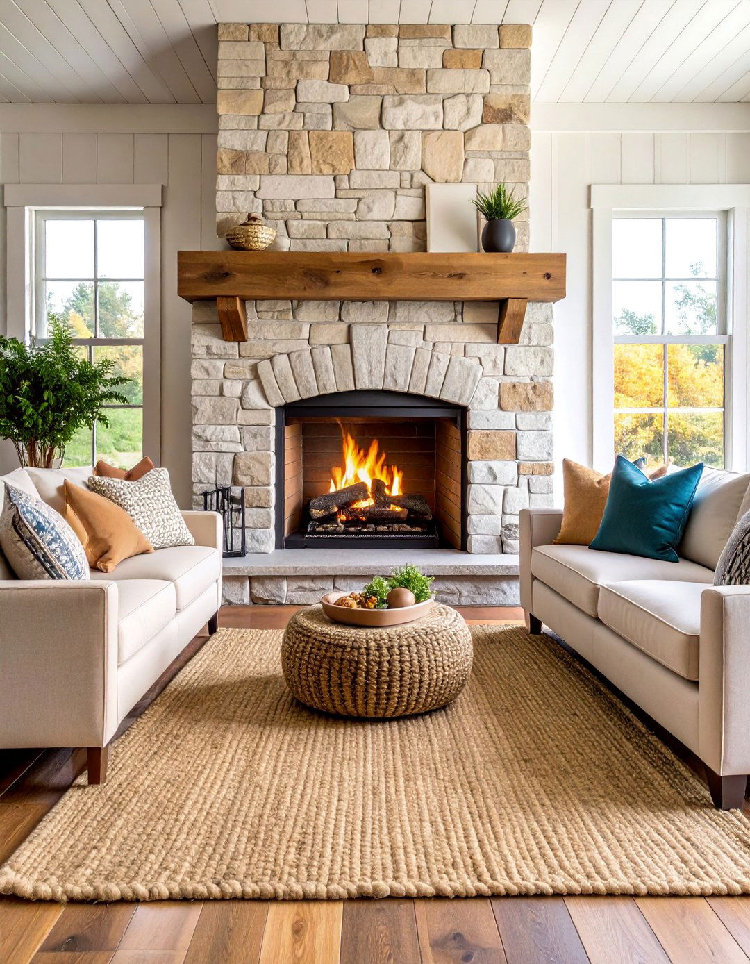 Farmhouse Chic Faux Stone Fireplace with Shiplap Chimney Breast - 25 Faux Stone Fireplace Ideas