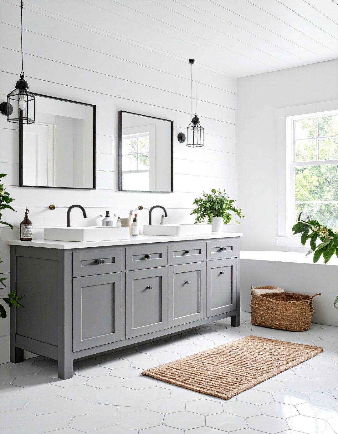 Farmhouse Chic Grey Vanity with White Shiplap - 25 Grey and White Bathroom Ideas