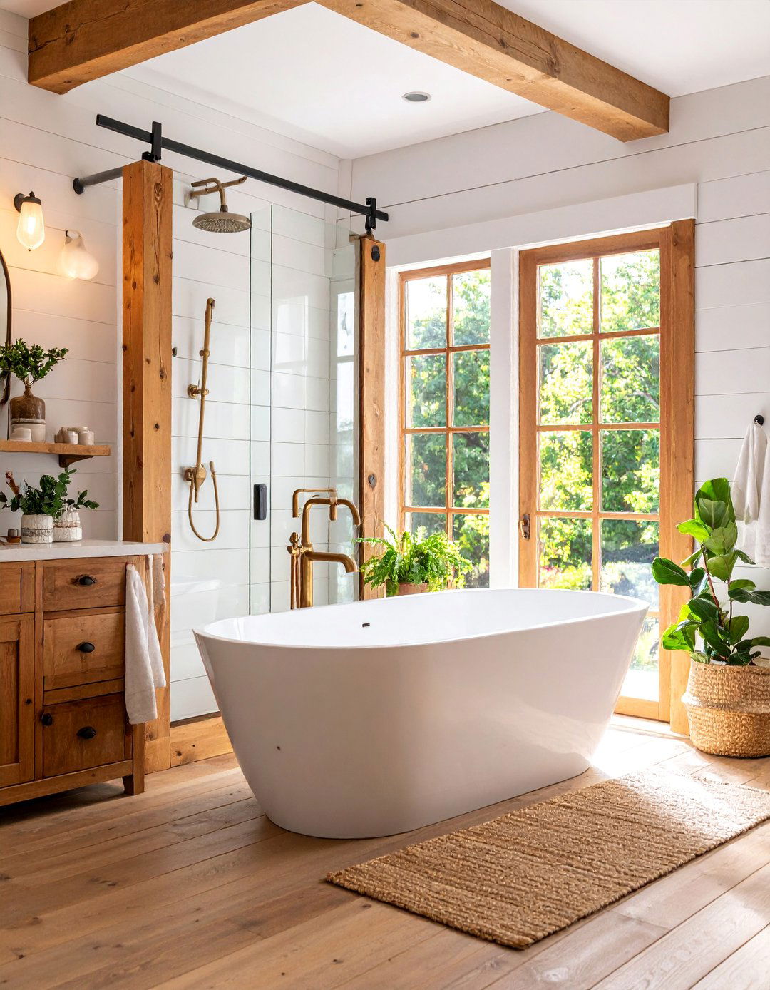 Farmhouse Chic with Shiplap and Brass Accents - 25 Tub-shower Combo Ideas