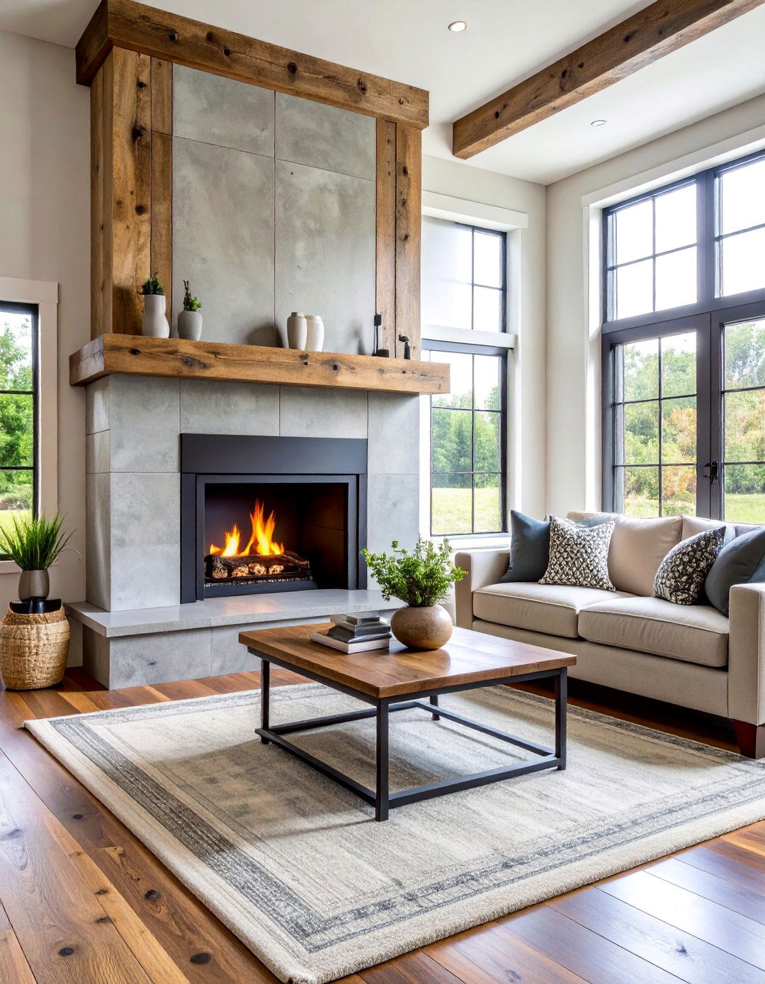 Farmhouse Concrete Fireplace with Reclaimed Wood - 25 Concrete Fireplace Ideas