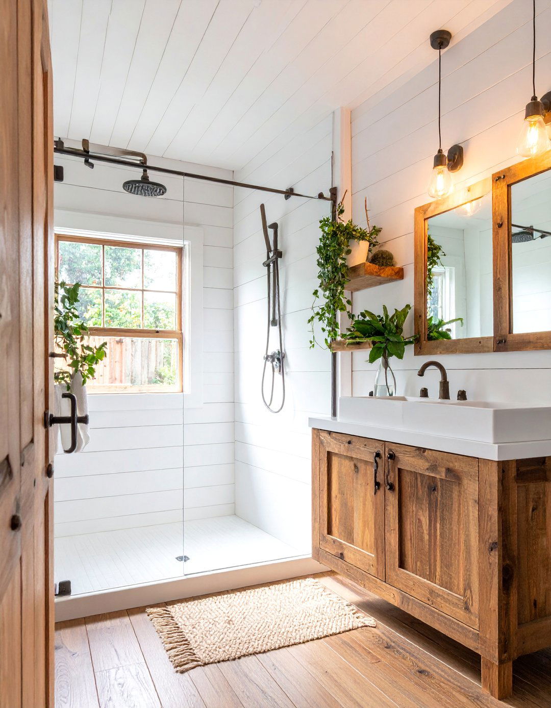 Farmhouse Corner Shower with Shiplap and Vintage Fixtures - 25 Corner Shower Ideas