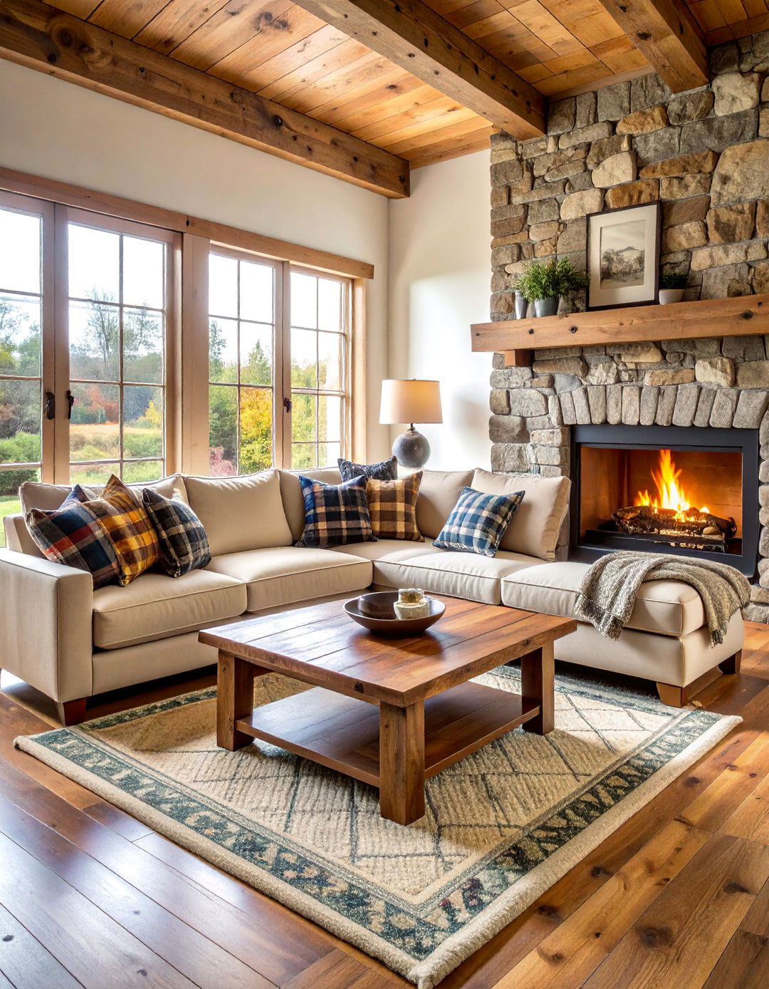 Farmhouse Cream Sectional with Rustic Storage Solutions - 25 Cream Couch Living Room Ideas