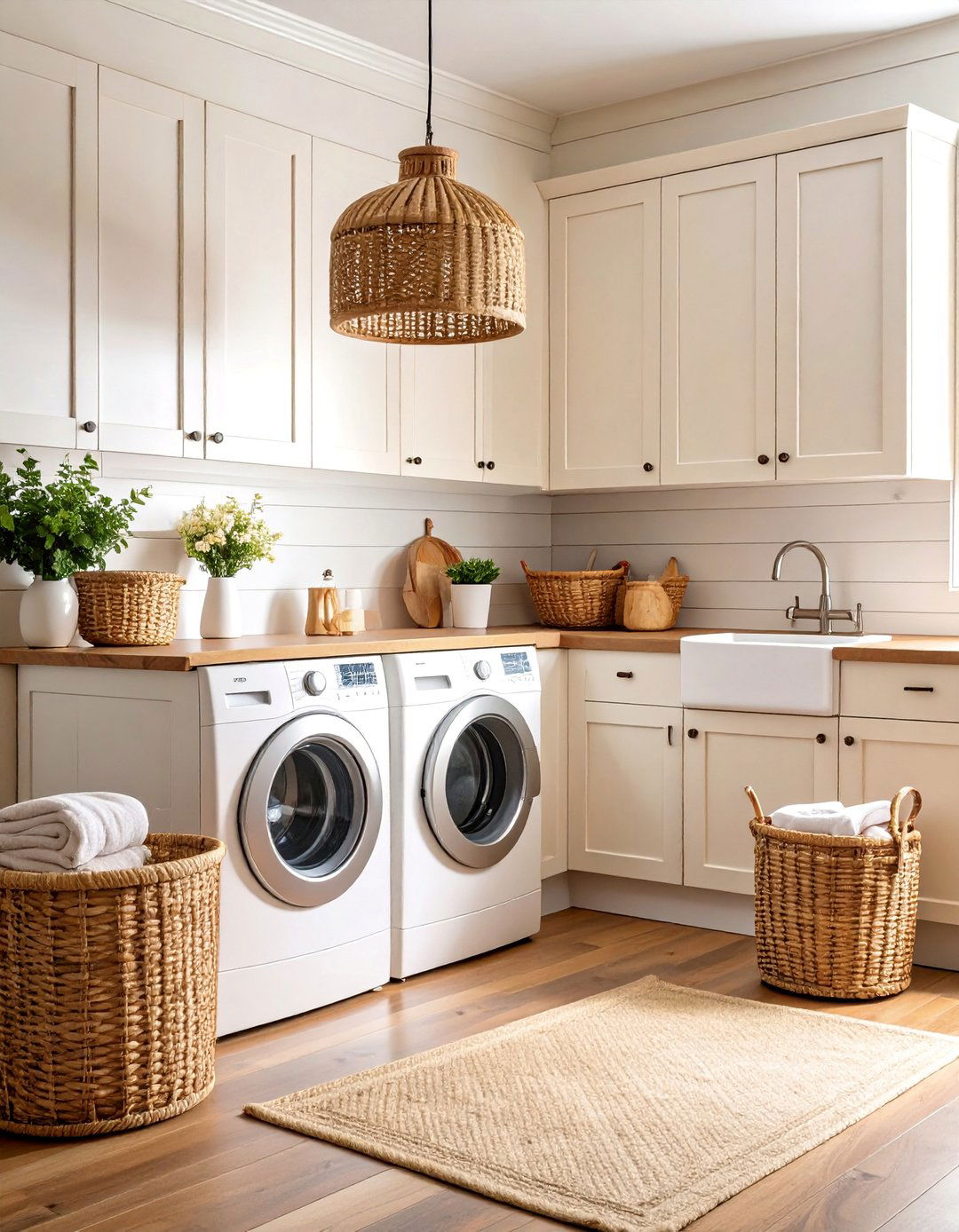 Farmhouse Cream Shiplap with Woven Basket Storage - 25 Shiplap Laundry Room Ideas