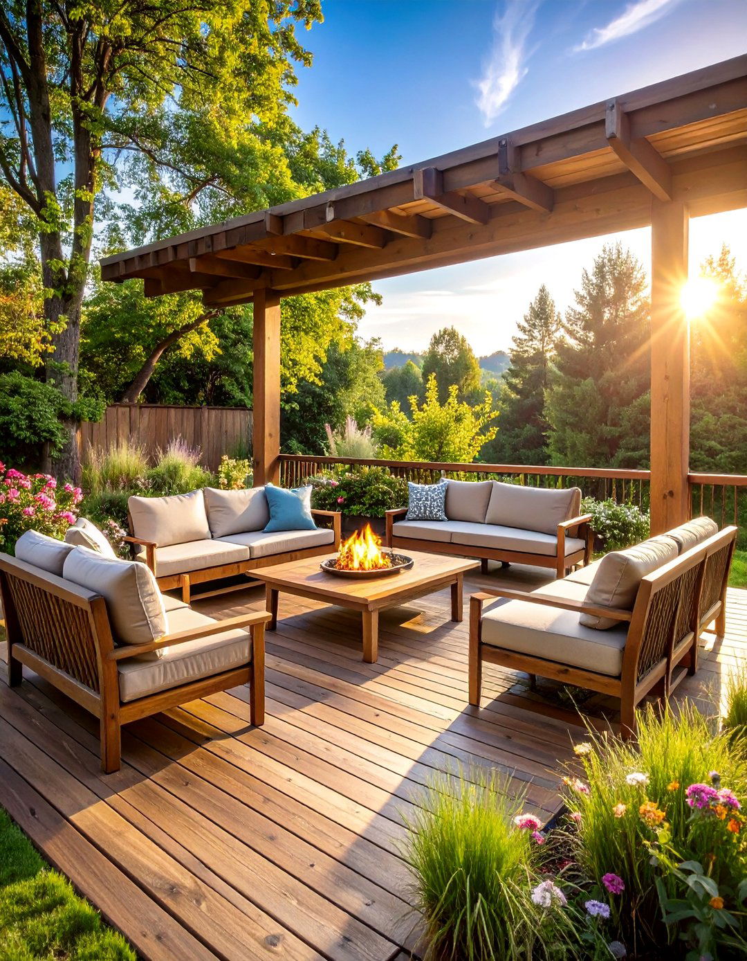 Farmhouse Deck Patio with Built In Seating - 25 Farmhouse Patio Ideas