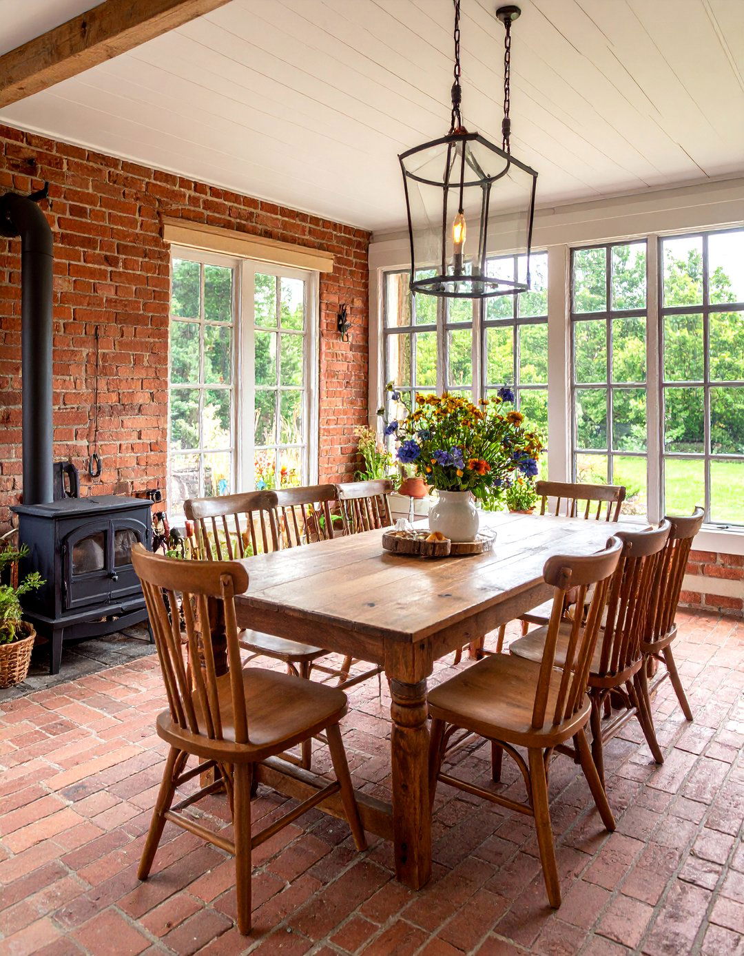 Farmhouse Dining Sunroom with Reclaimed Brick - 25 Brick Floor Sunroom Ideas