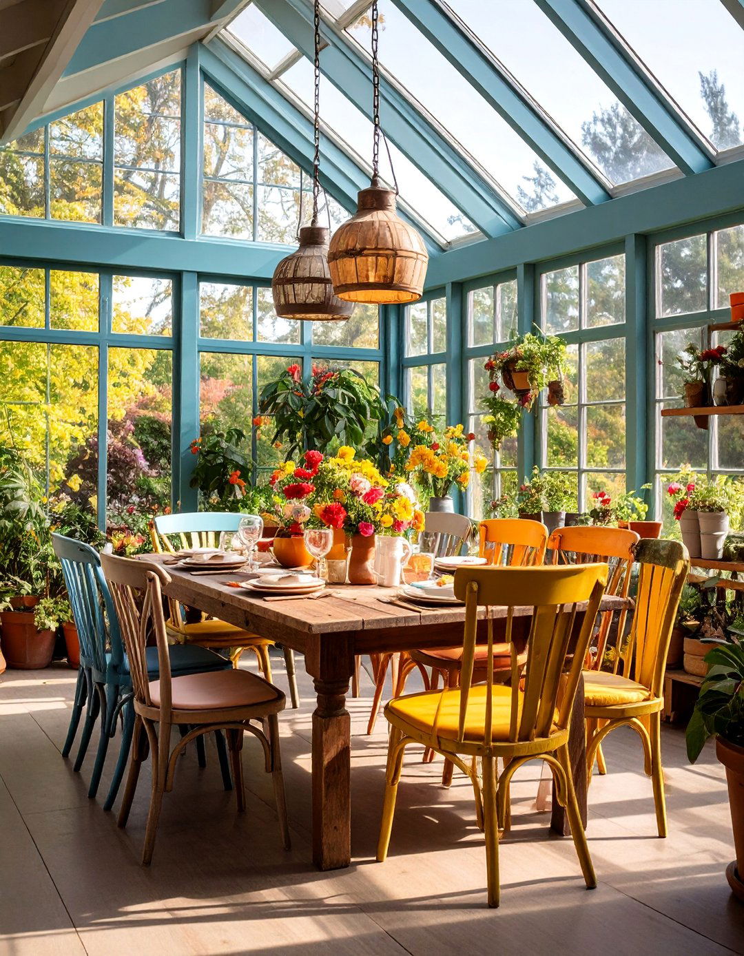 Farmhouse Dining Sunroom with Reclaimed Wood Table - 25 Farmhouse Sunroom Ideas