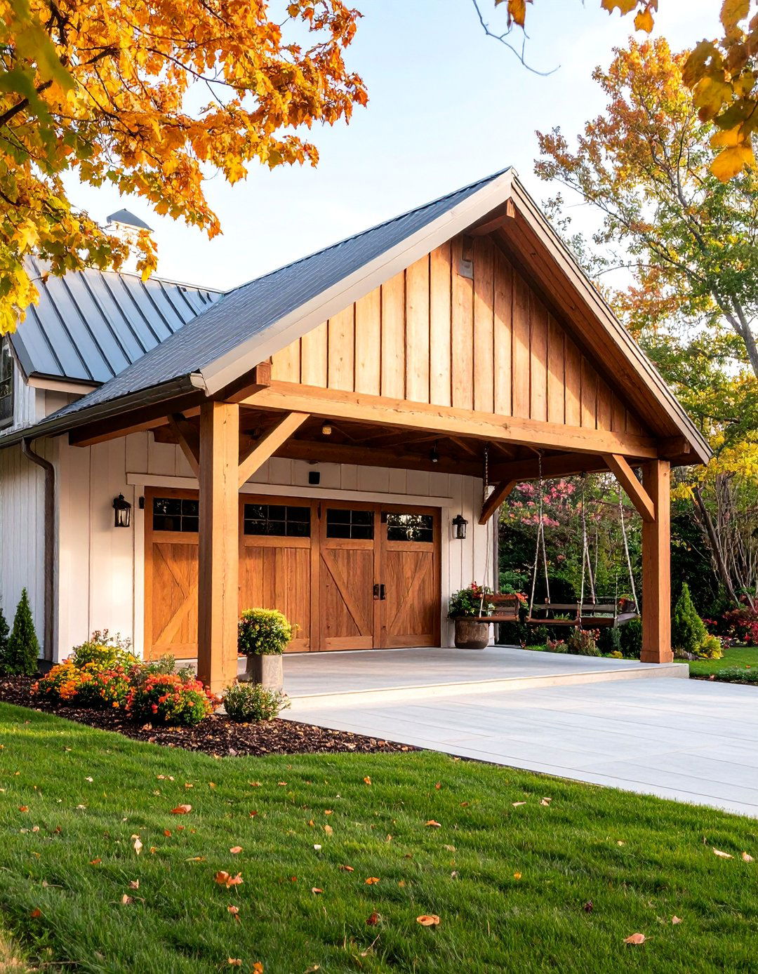 Farmhouse Garage with Wraparound Porch - 25 Rustic Garage Ideas