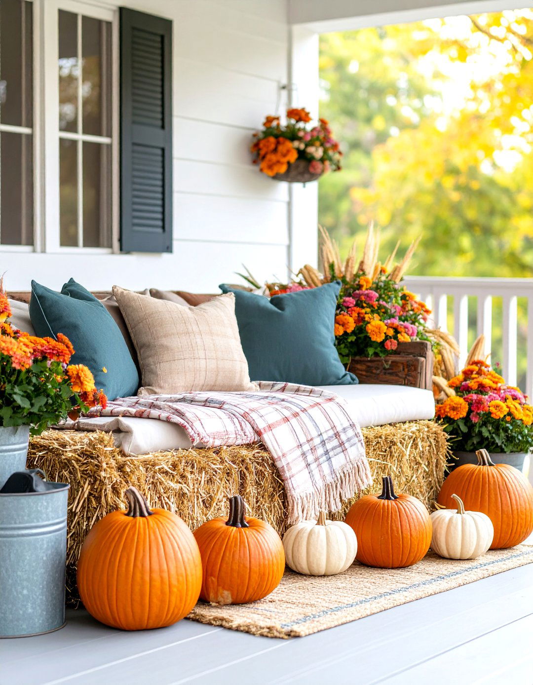 Farmhouse Hay Bale Seating Area - 25 Fall Porch Decor Ideas