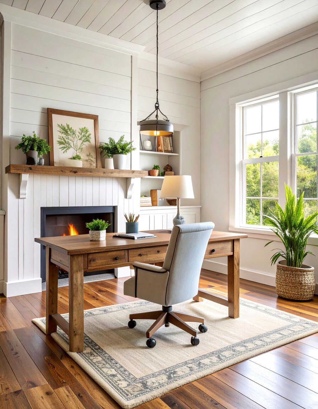 Farmhouse Home Office with Shiplap Fireplace Wall - 25 Home Office With Fireplace Ideas