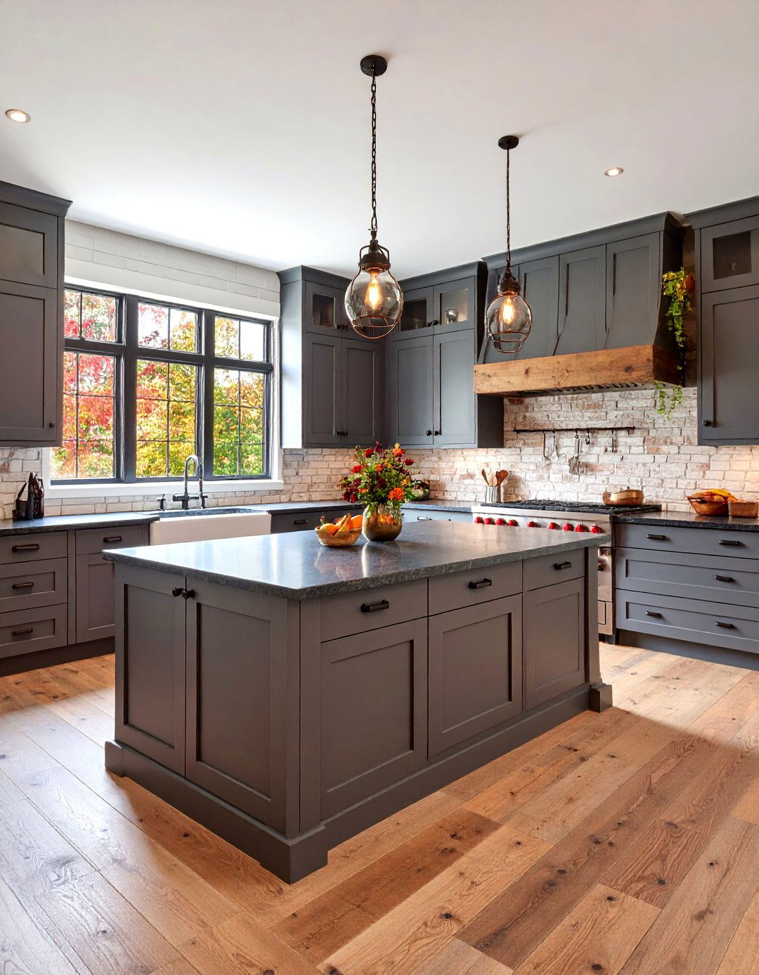 Farmhouse Industrial Kitchen with Barn Door Gray Cabinets - 25 Kitchen With Gray Cabinets And Black Countertops Ideas