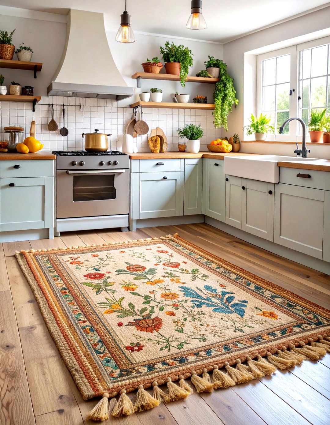 Farmhouse Jute Kitchen Rug with Distressed Vintage Pattern - 25 Kitchen Rug Ideas