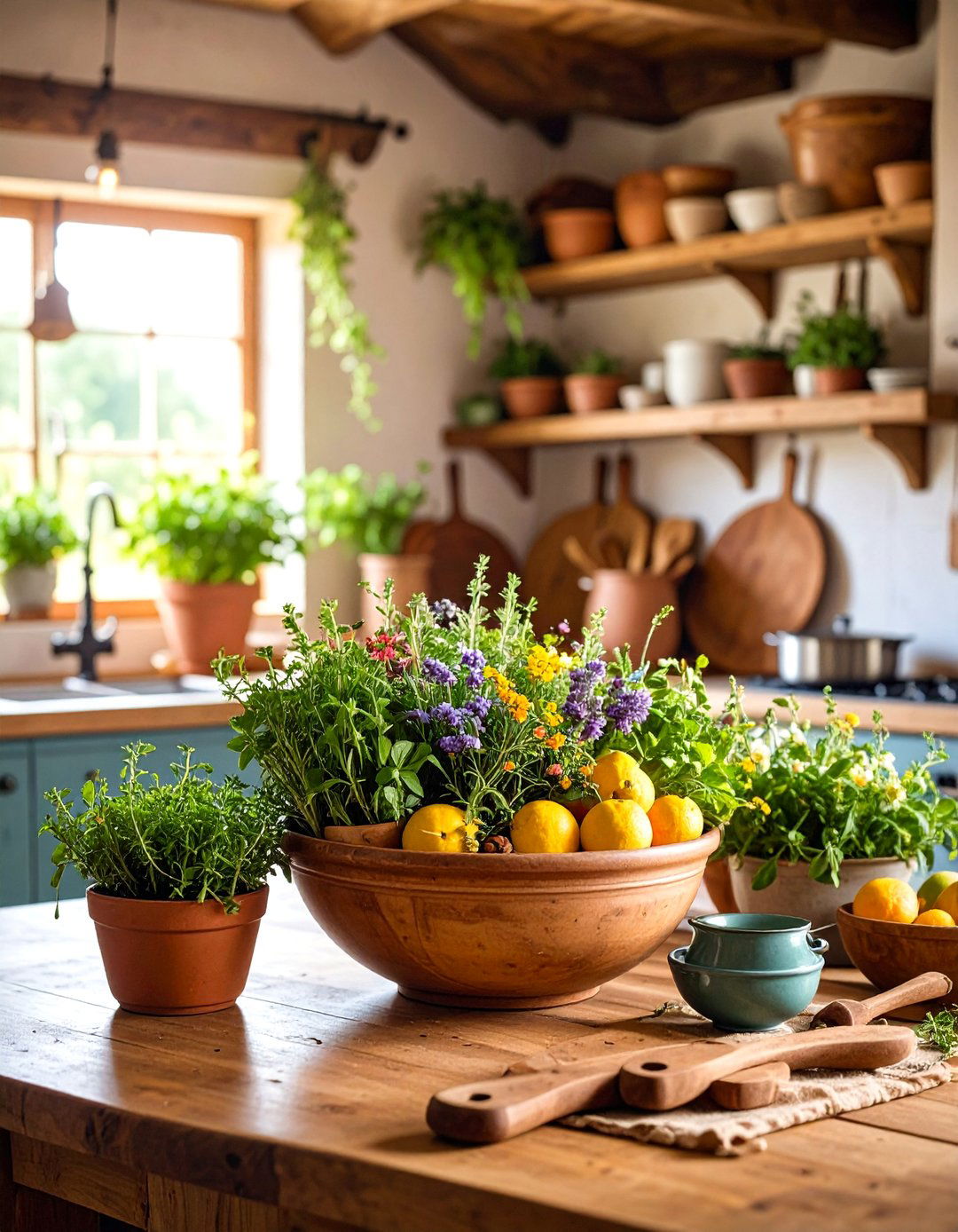 Farmhouse Kitchen Bowl with Fresh Herbs and Produce - 25 Dough Bowl Decor Ideas