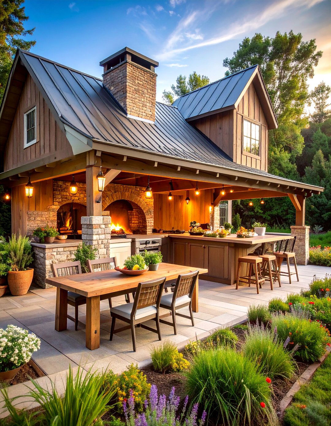 Farmhouse Kitchen Pavilion with Brick Pizza Oven Fireplace - 25 Backyard Pavilion With Fireplace