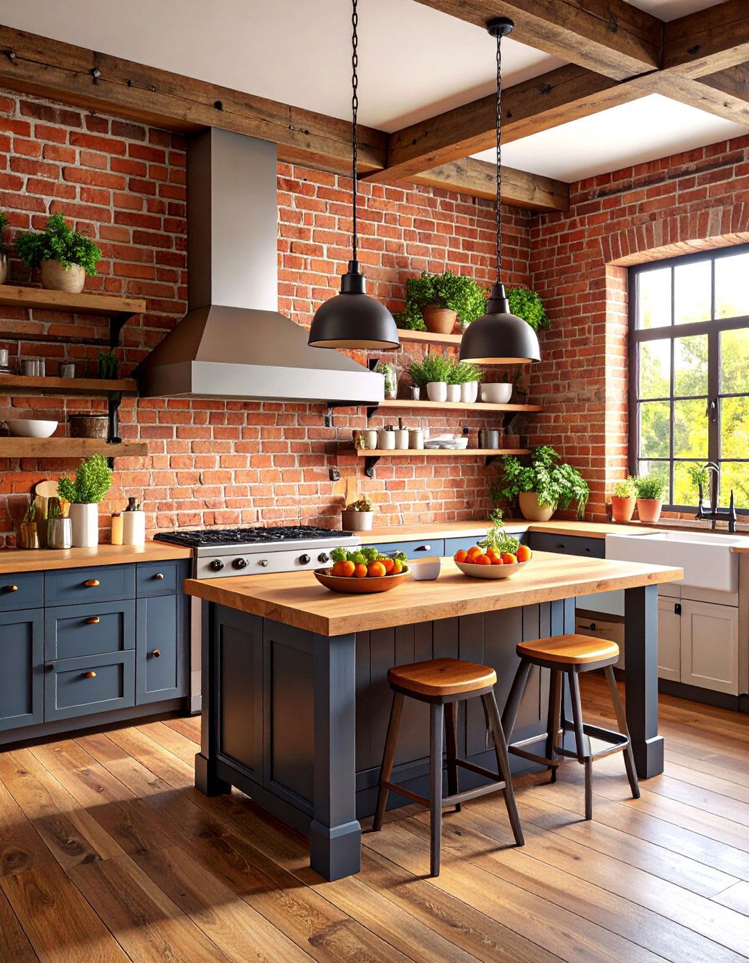 Farmhouse Kitchen with Exposed Brick Feature Wall - 25 Farmhouse Kitchen Ideas