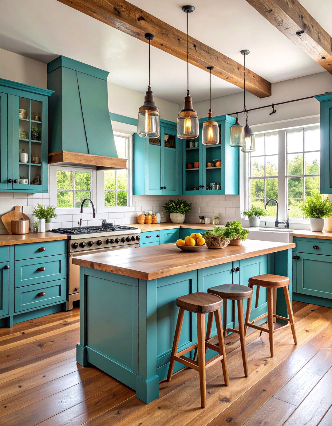 Farmhouse Kitchen with Orange Range and Teal Cabinets - 25 Teal and Orange Color Scheme for Your Rooms