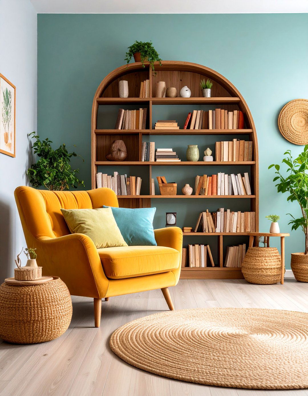 Farmhouse Living Room with Cozy Reading Corner and Built in Shelving - 25 Farmhouse Living Room Ideas