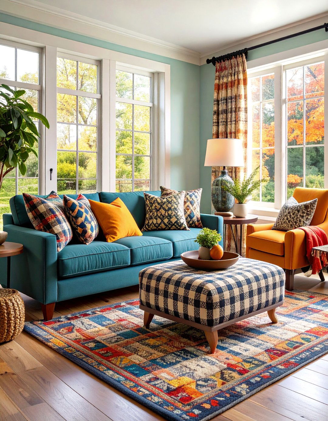 Farmhouse Living Room with Plaid and Check Pattern Accents - 25 Farmhouse Living Room Ideas