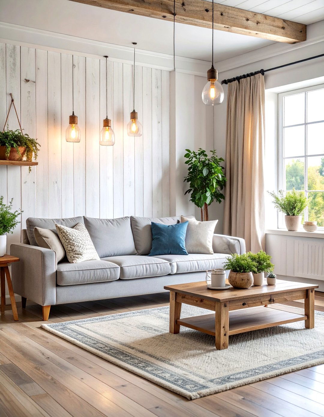 Farmhouse Living Room with Shiplap and Grey Furniture - 25 Grey and White House Interior Design Ideas