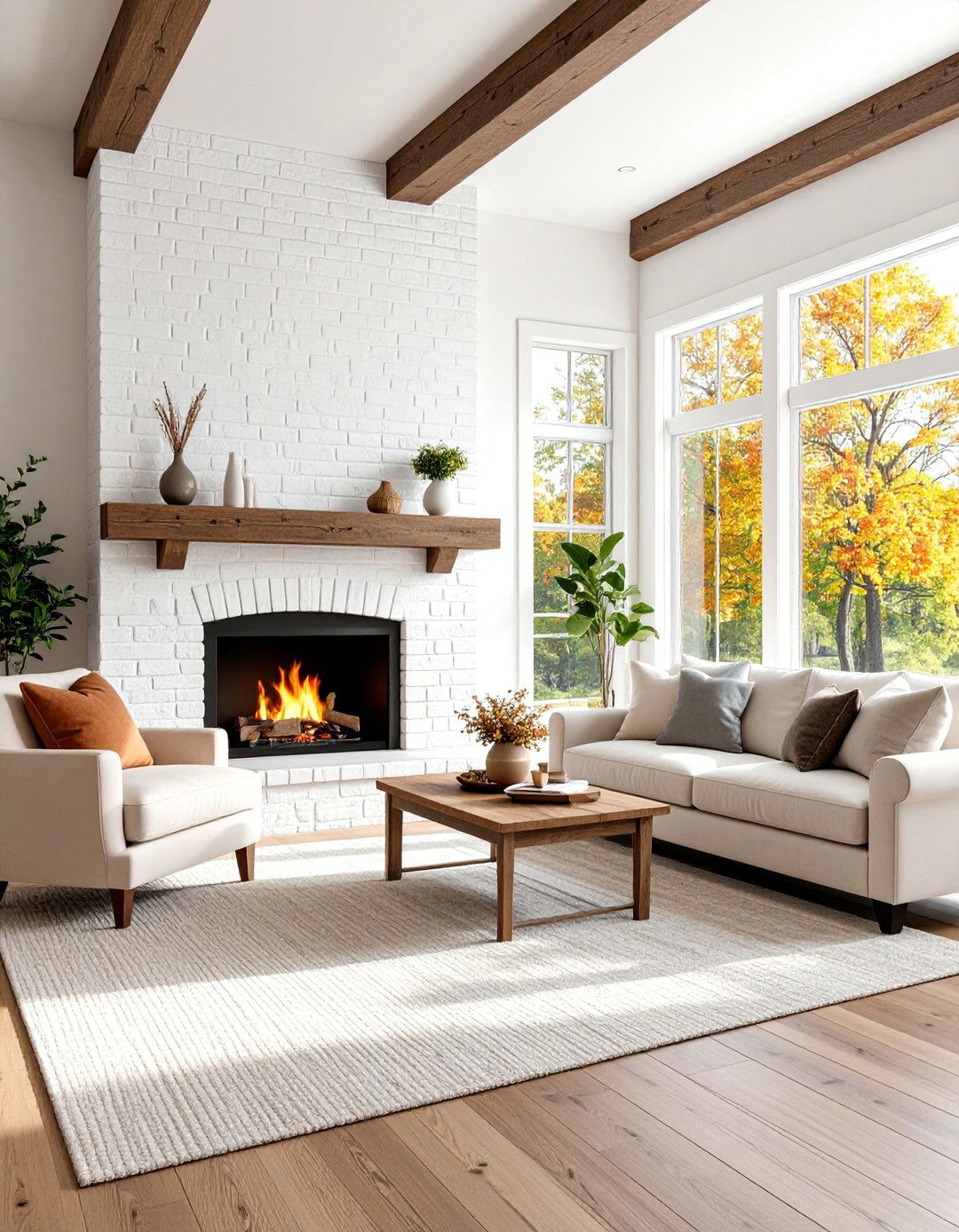 Farmhouse Living Room with White Painted Brick Fireplace - 25 Farmhouse Living Room Ideas