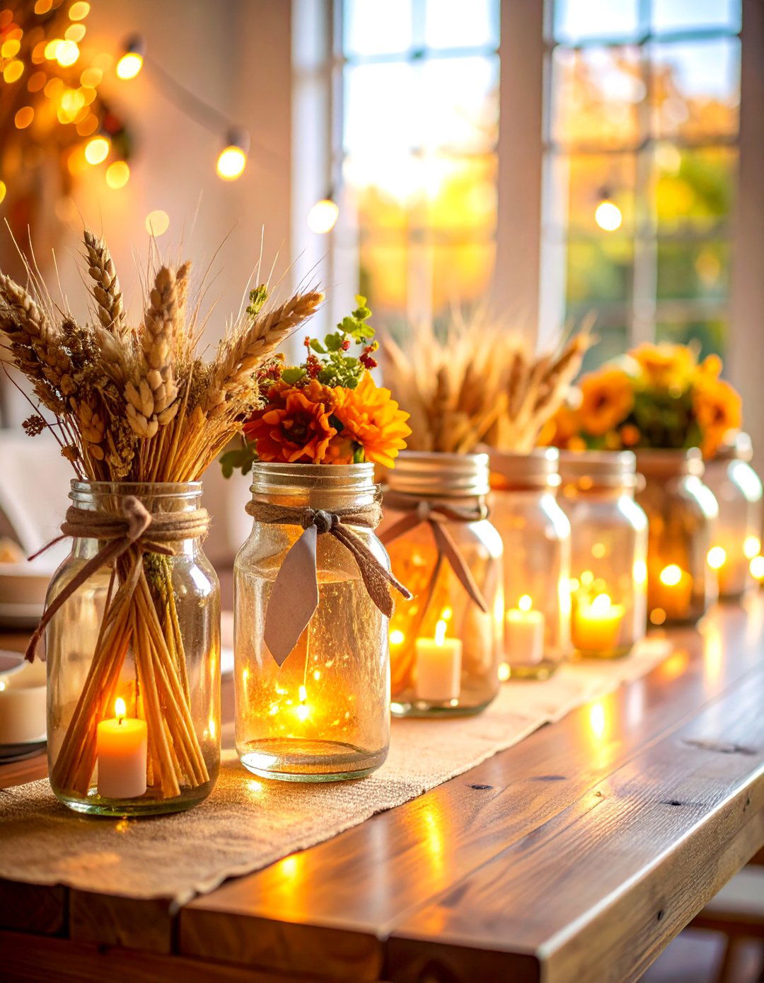 Farmhouse Mason Jar Arrangement - 25 Thanksgiving Centerpiece Ideas