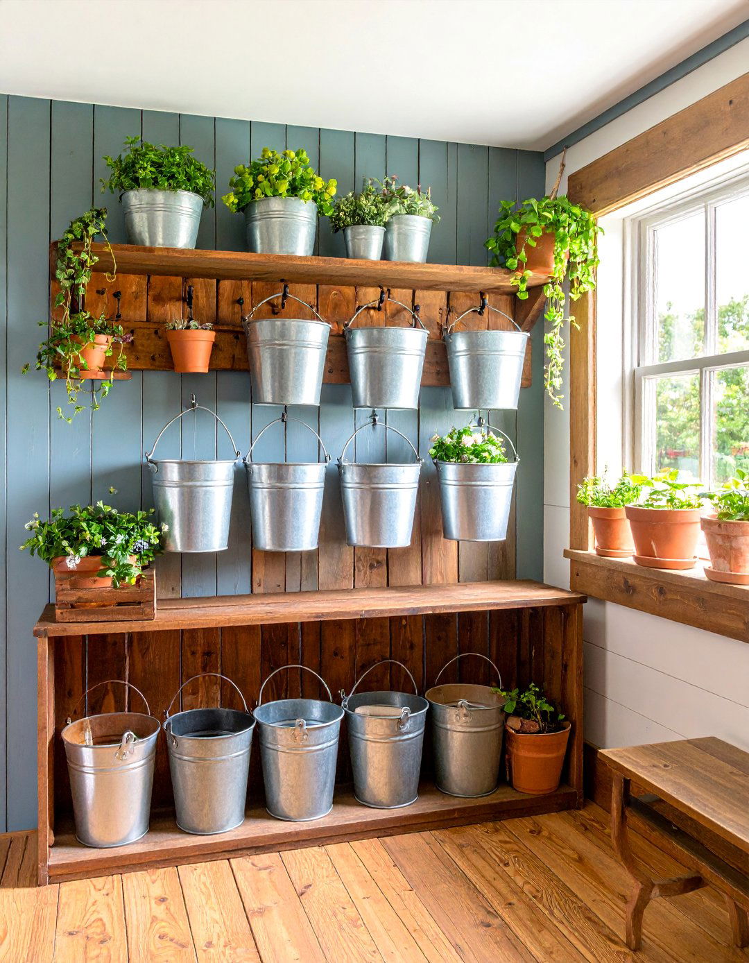 Farmhouse Mudroom with Galvanized Bucket Storage - 25 Farmhouse Mudroom Ideas