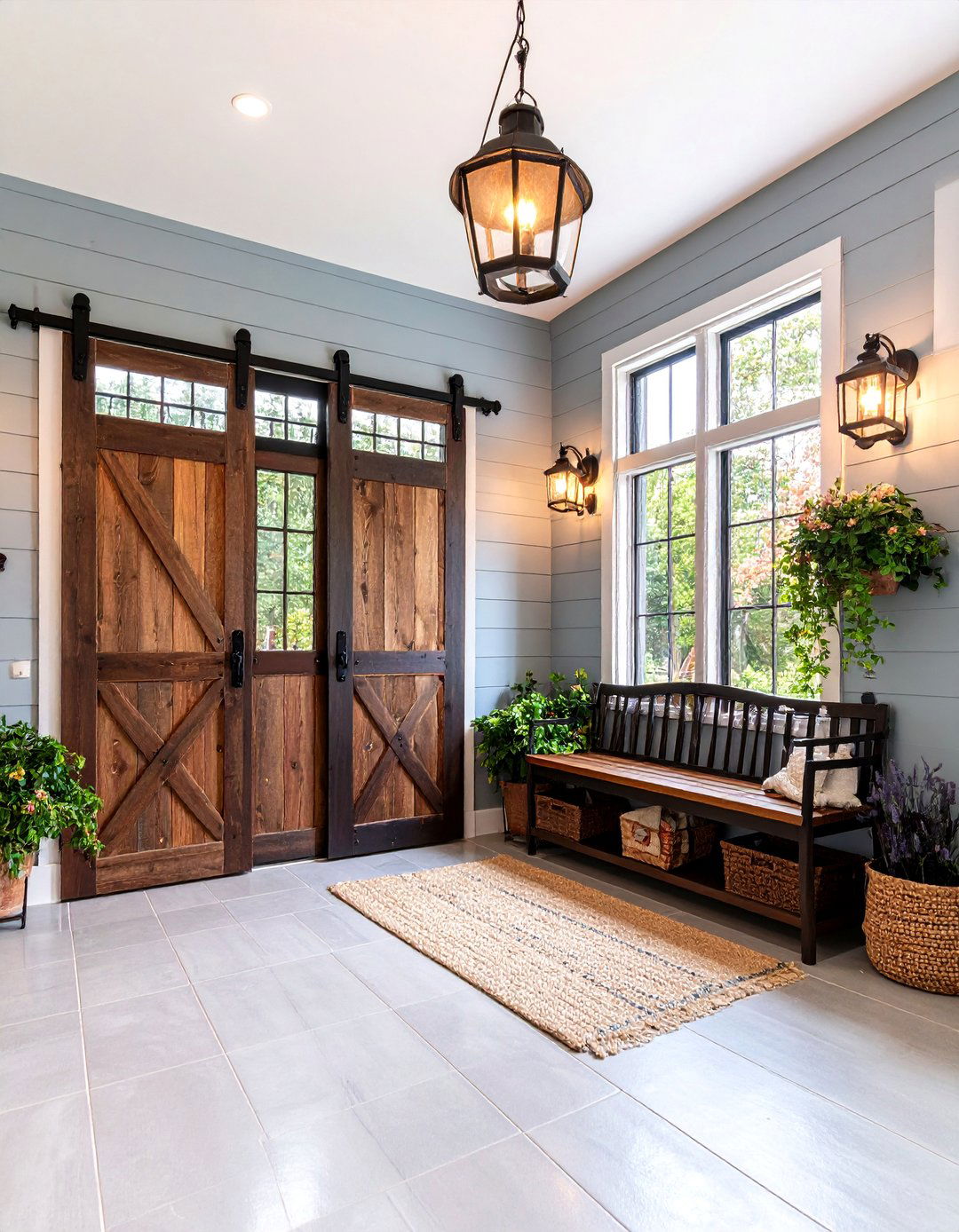 Farmhouse Mudroom with Sliding Barn Doors - 25 Farmhouse Mudroom Ideas