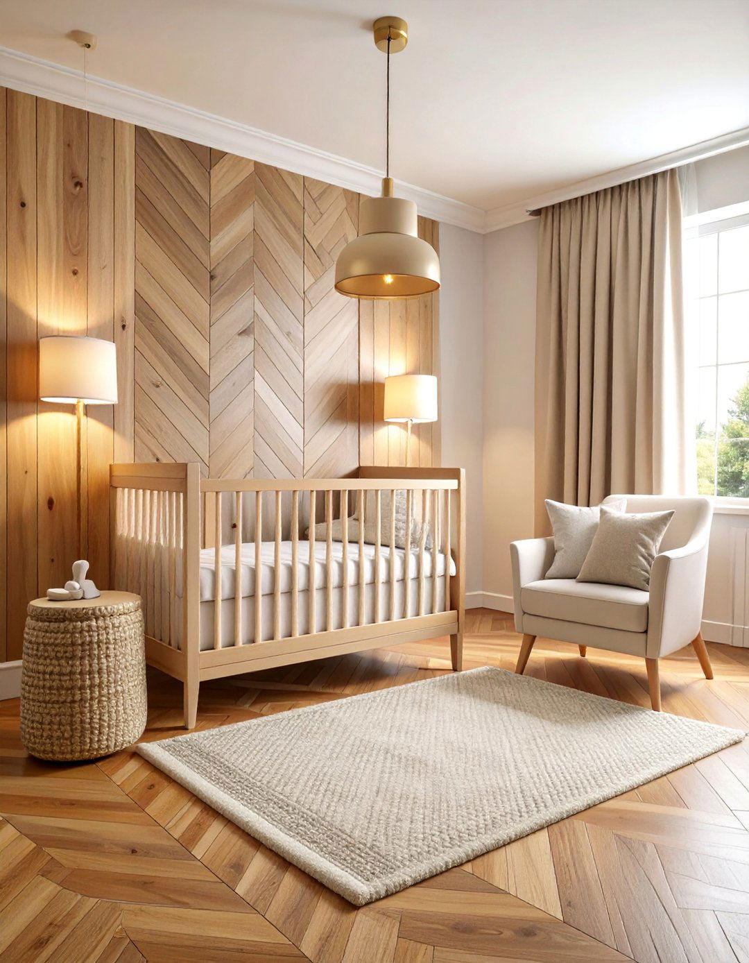 Farmhouse Nursery with Herringbone Wood Feature - 25 Farmhouse Nursery Ideas