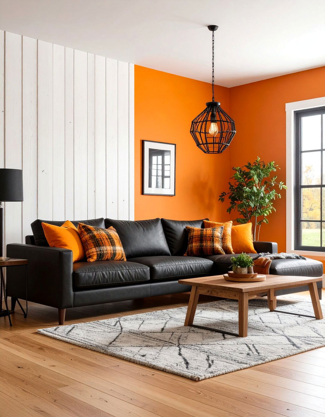 Farmhouse Orange and Black Shiplap Living Room - 25 Black and Orange Living Room Ideas