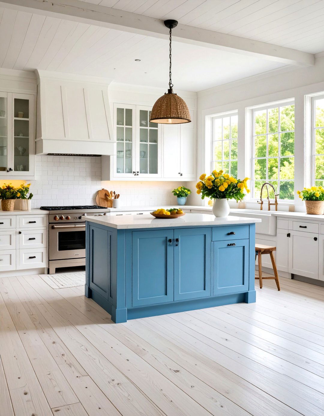 Farmhouse Pine Plank Kitchen Floor with Whitewashed Finish - 25 Kitchen Floor Ideas