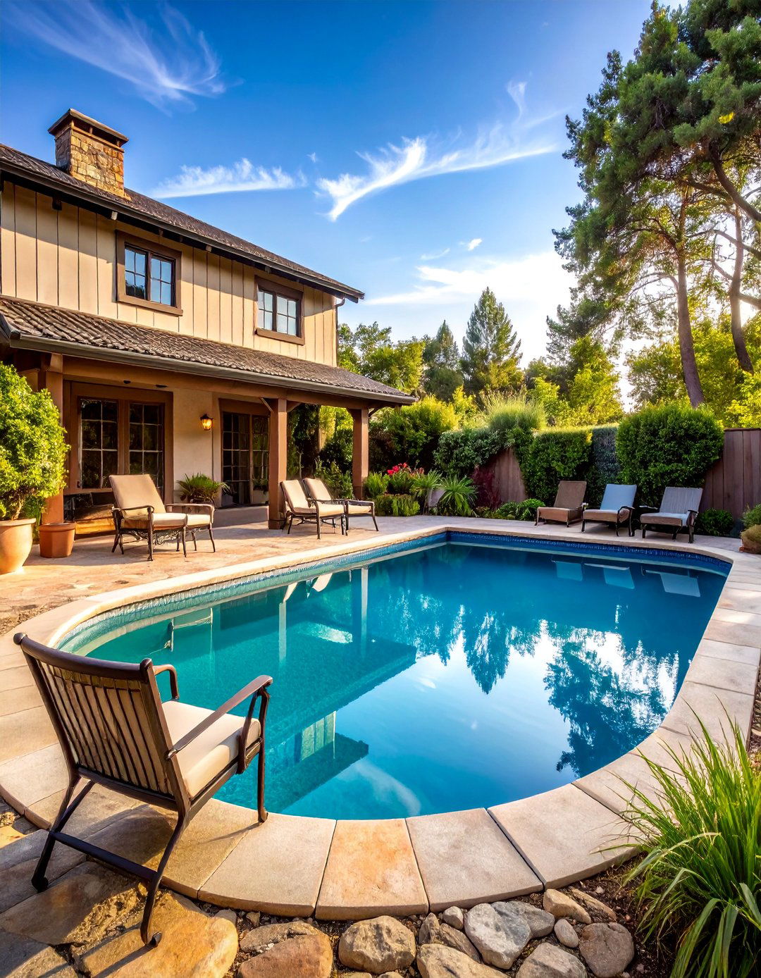 Farmhouse Pool Patio with Natural Stone Decking - 25 Farmhouse Patio Ideas