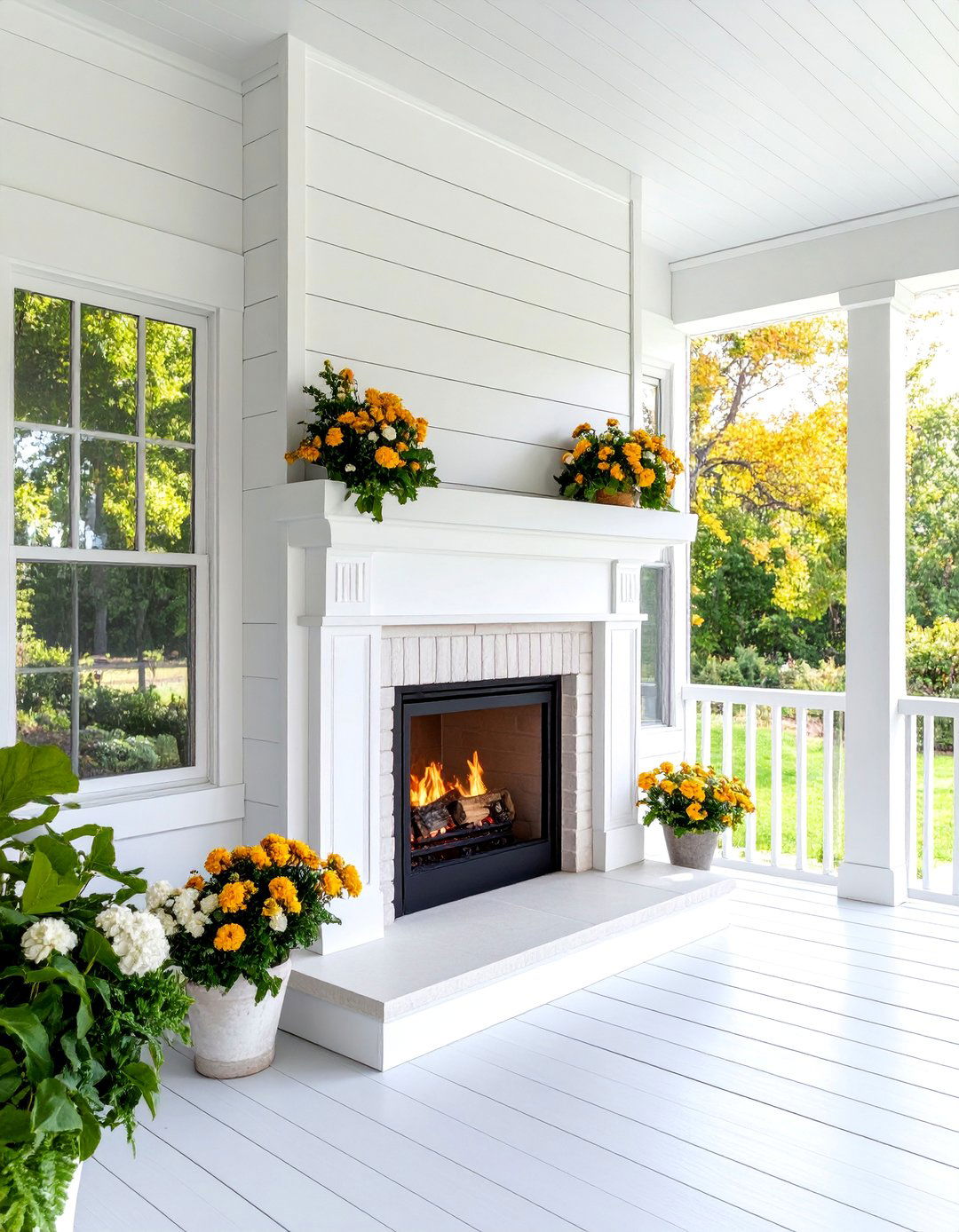 Farmhouse Porch Fireplace with Shiplap Surround - 25 Porch Fireplace Ideas