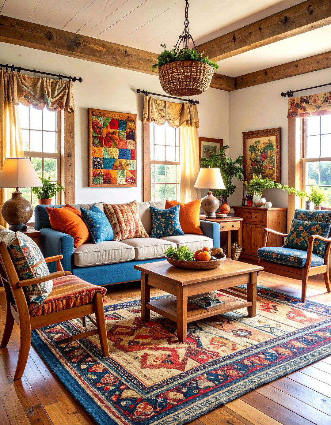 Farmhouse Primitive Living Room with Quilted Accents - 25 Primitive Living Room Ideas