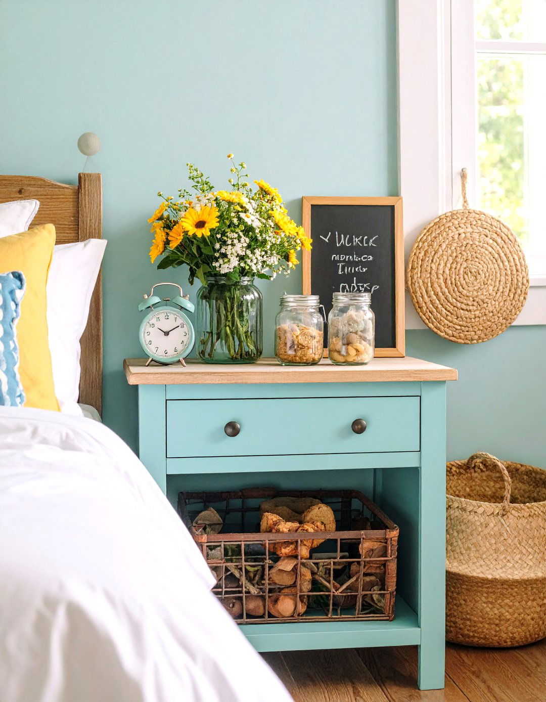 Farmhouse Rustic Nightstand with Mason Jar Organizers - 25 Nightstand Decor Ideas