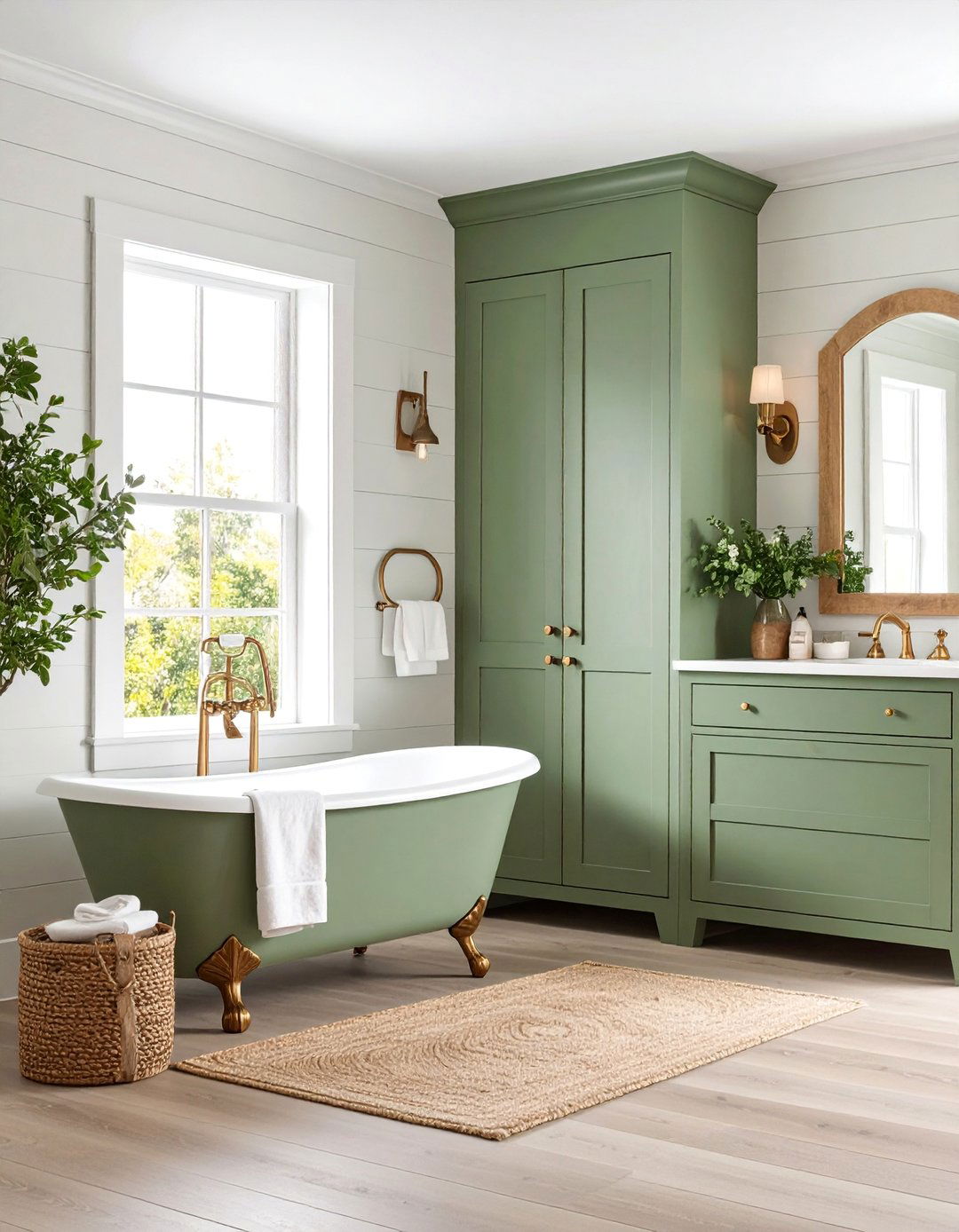 Farmhouse Sage Green Bathroom with Cream Shiplap Walls - 25 Sage Green and Cream Bathroom Ideas