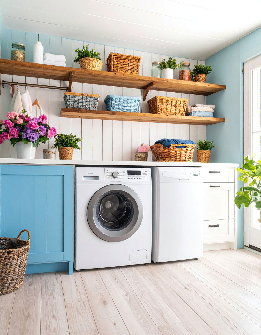 Farmhouse Shiplap Accent Wall with Open Storage - 25 Small Laundry Room Ideas With a Top Load Washing Machine